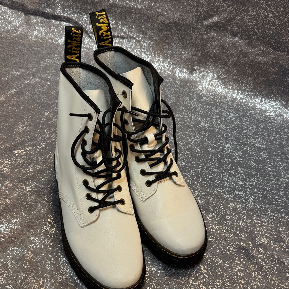 Dr. Martens White Leather Lace-Up Boots with Black Trim